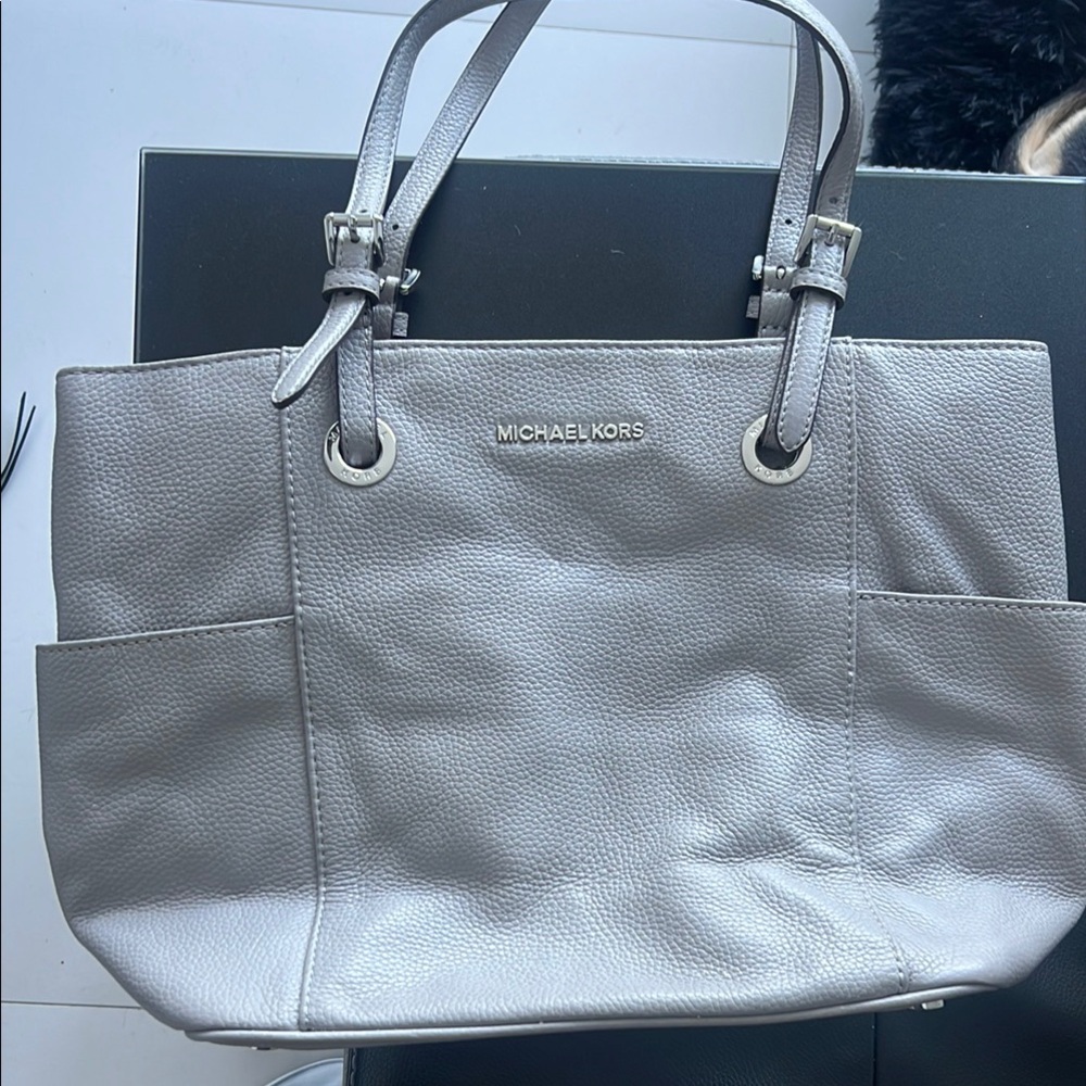 Michael Kors Gray Leather Tote with Silver Hardware